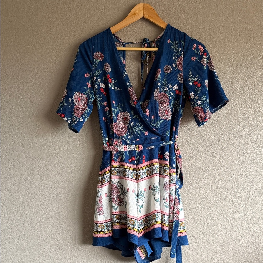 Trixxi Navy Floral Wrap Romper with Pink & White Accents
